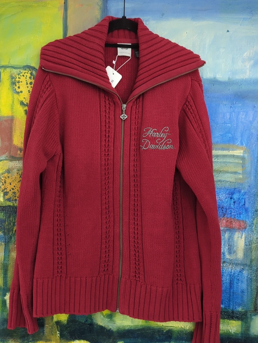 Harley-Davidson Women's Deep Red Zip-up Cotton Knit Cardigan Sweater Size XL